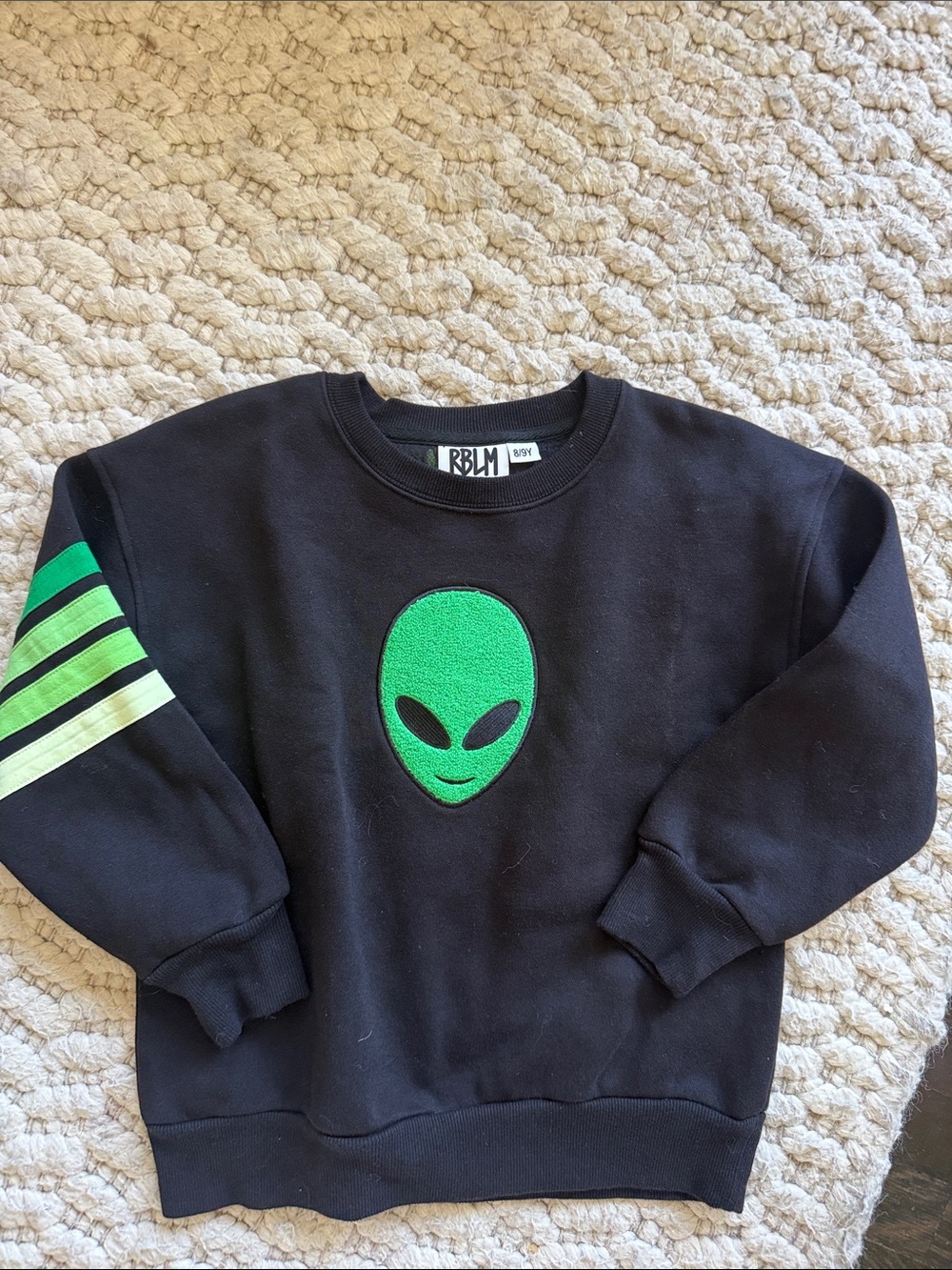 Kids Black Sweatshirt with Green Alien Graphic & sleeve stripes
